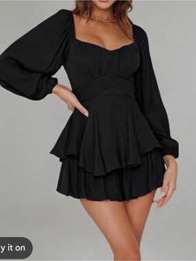 Black Tiered Long-Sleeve Mini Romper